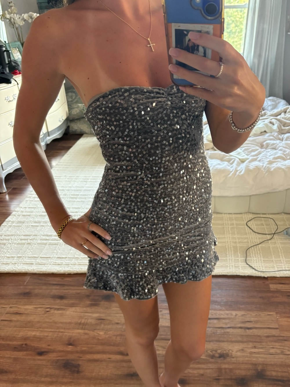 Edikted Gunmetal Sequin Strapless Mini Dress